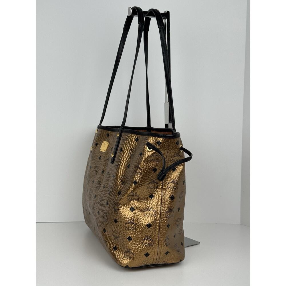 MCM Metallic Visetos Medium Shopper Tote Bag Gold Leather - Picture 6 of 16